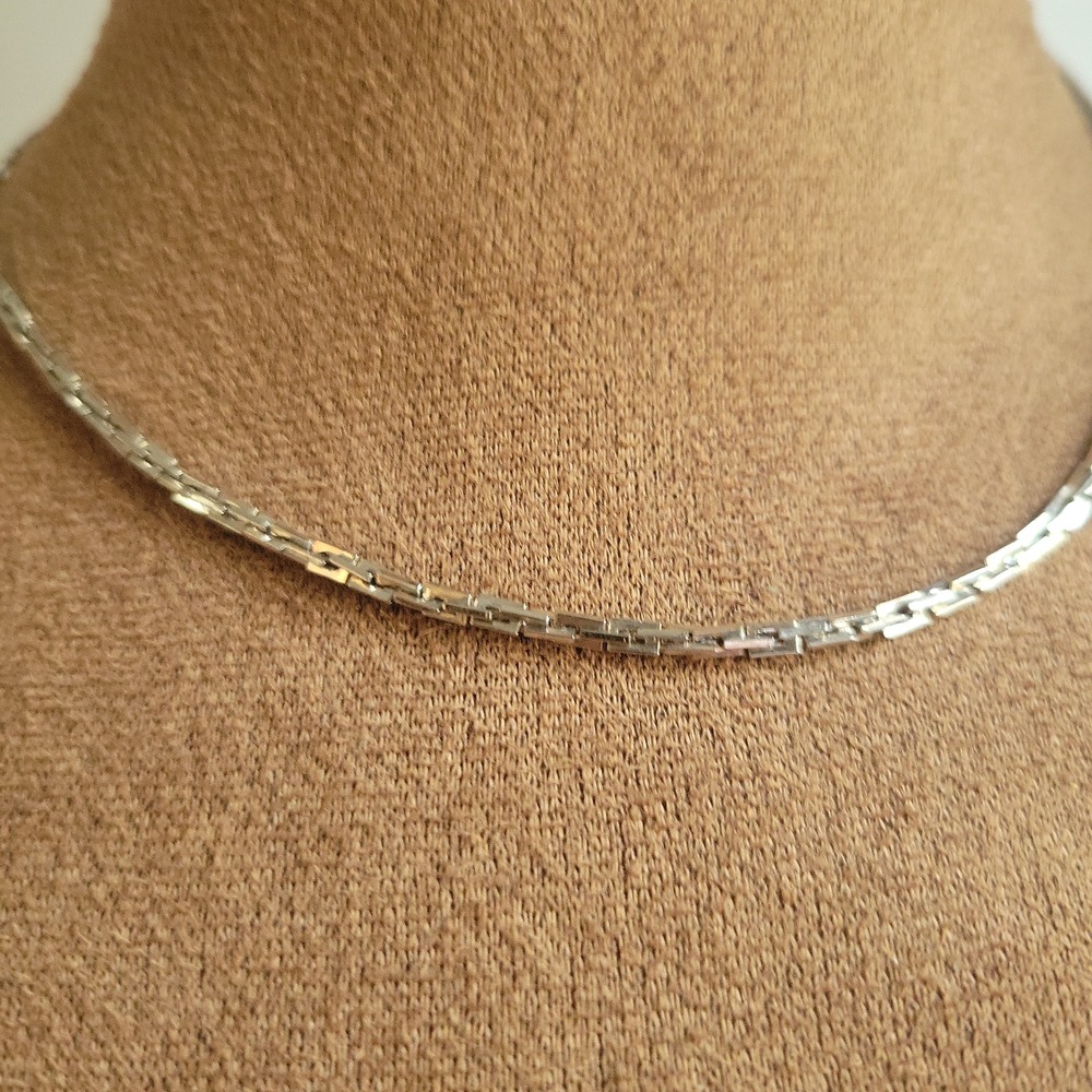 Crown Trifari Vintage Silver Tone Box Link Choker Necklace 16 Inch Minimalist